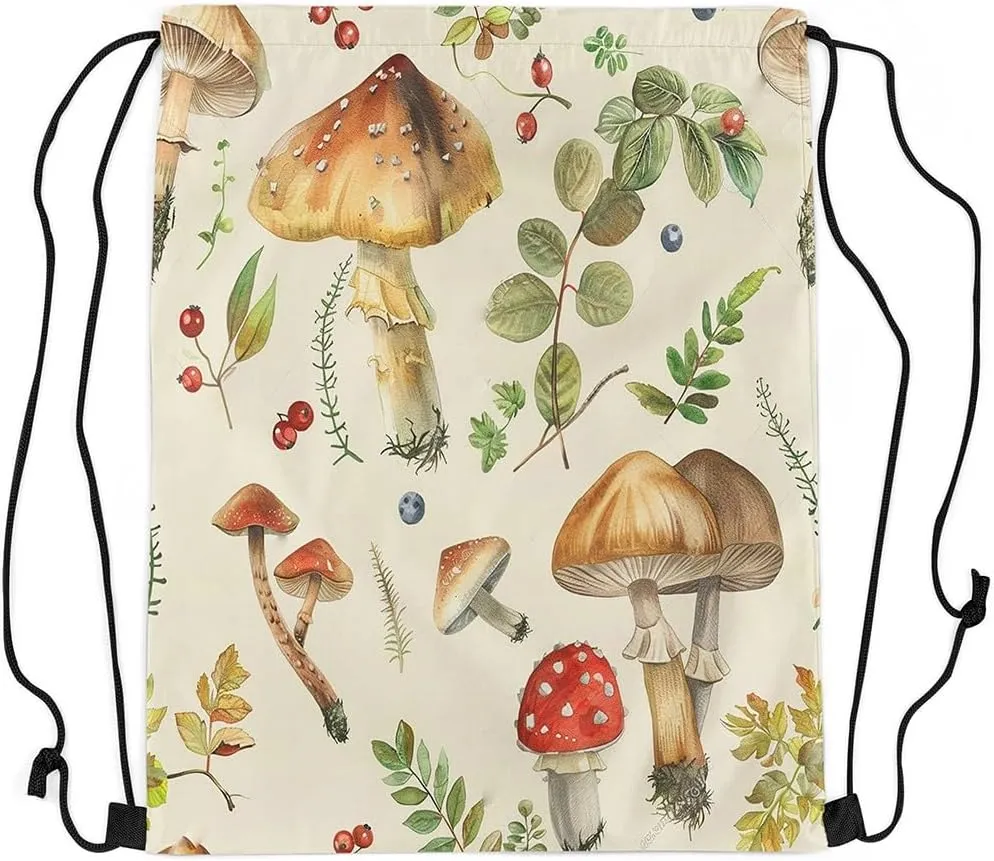 Feelyou Cute Mushroom Gym String Bag 13"x15.7" Kawaii Fungus Drawstring Backpack Decor Wild Mushroom Drawstring Bags Microfiber Garden Waterproof Cinch Bag