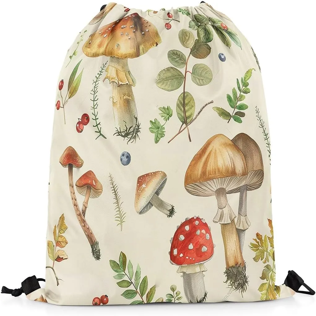 Feelyou Cute Mushroom Gym String Bag 13"x15.7" Kawaii Fungus Drawstring Backpack Decor Wild Mushroom Drawstring Bags Microfiber Garden Waterproof Cinch Bag