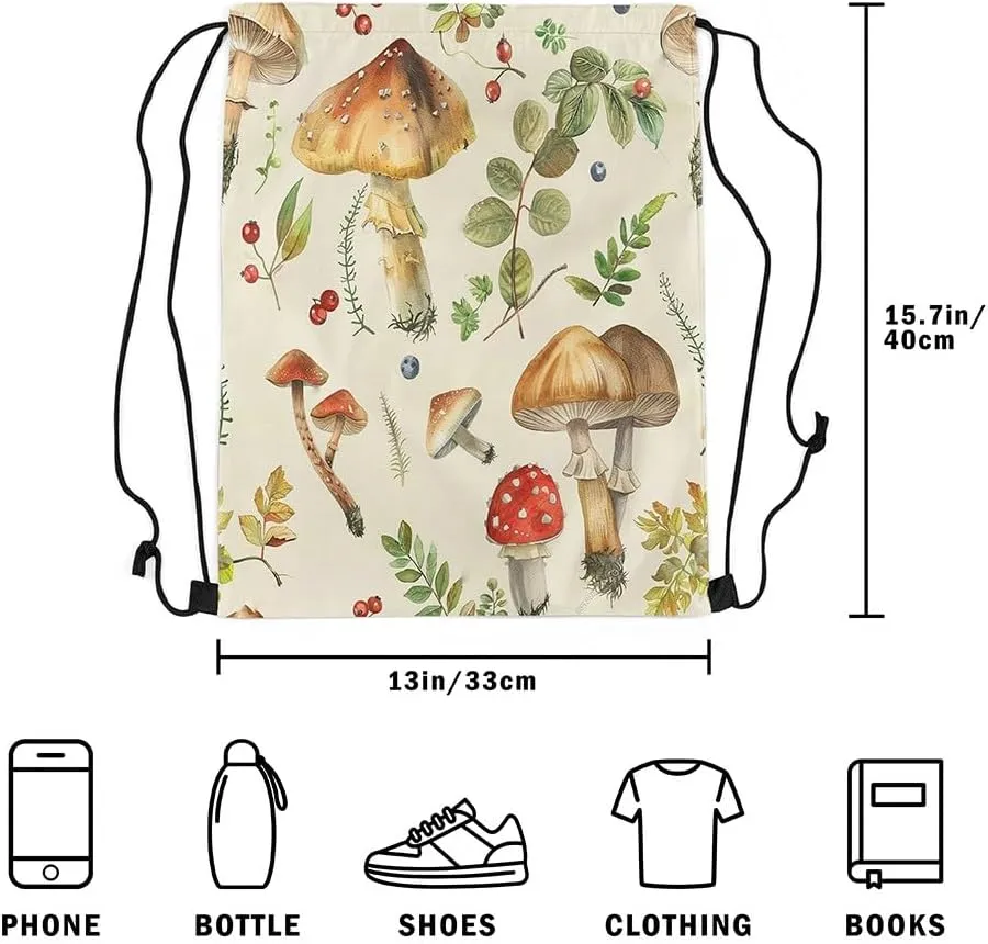 Feelyou Cute Mushroom Gym String Bag 13"x15.7" Kawaii Fungus Drawstring Backpack Decor Wild Mushroom Drawstring Bags Microfiber Garden Waterproof Cinch Bag