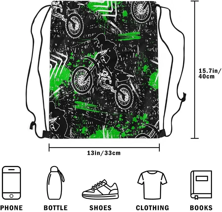 Feelyou Dirt Bike Gym String Bag Extreme Sports Drawstring Backpack Motorcycle Drawstring Bags for Women Men Motorbike Green Black Waterproof Cinch Bag 13"x15.7"