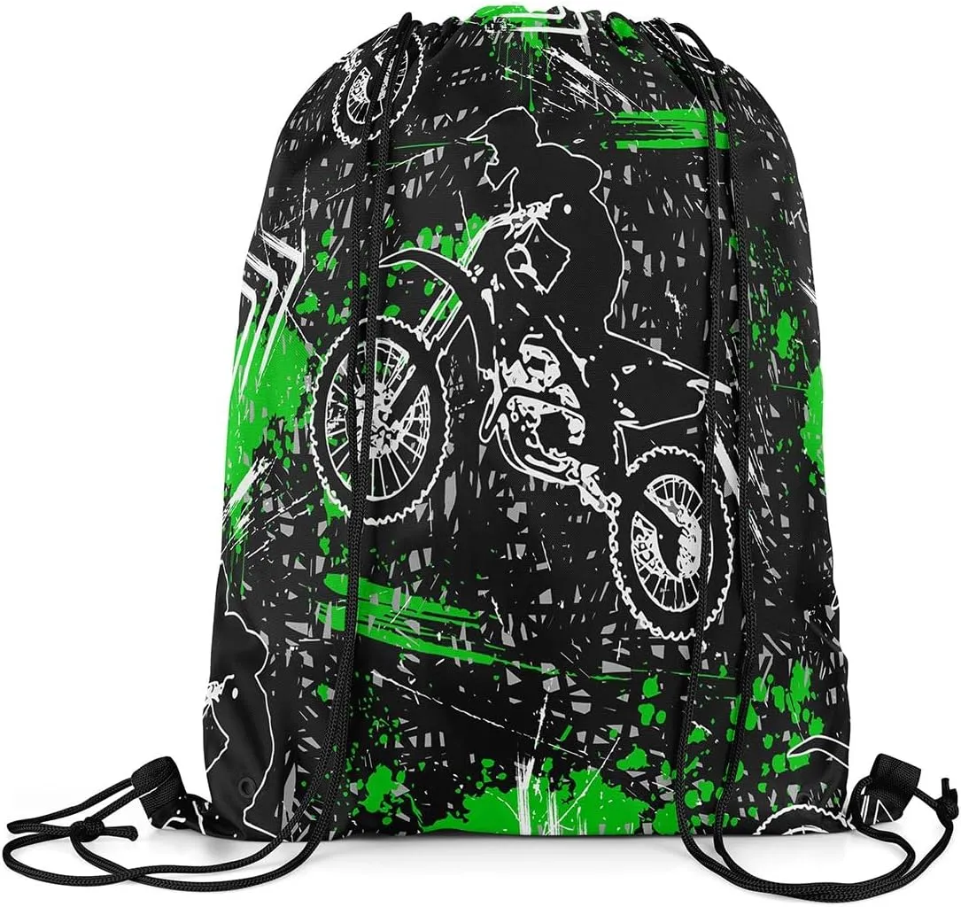Feelyou Dirt Bike Gym String Bag Extreme Sports Drawstring Backpack Motorcycle Drawstring Bags for Women Men Motorbike Green Black Waterproof Cinch Bag 13"x15.7"