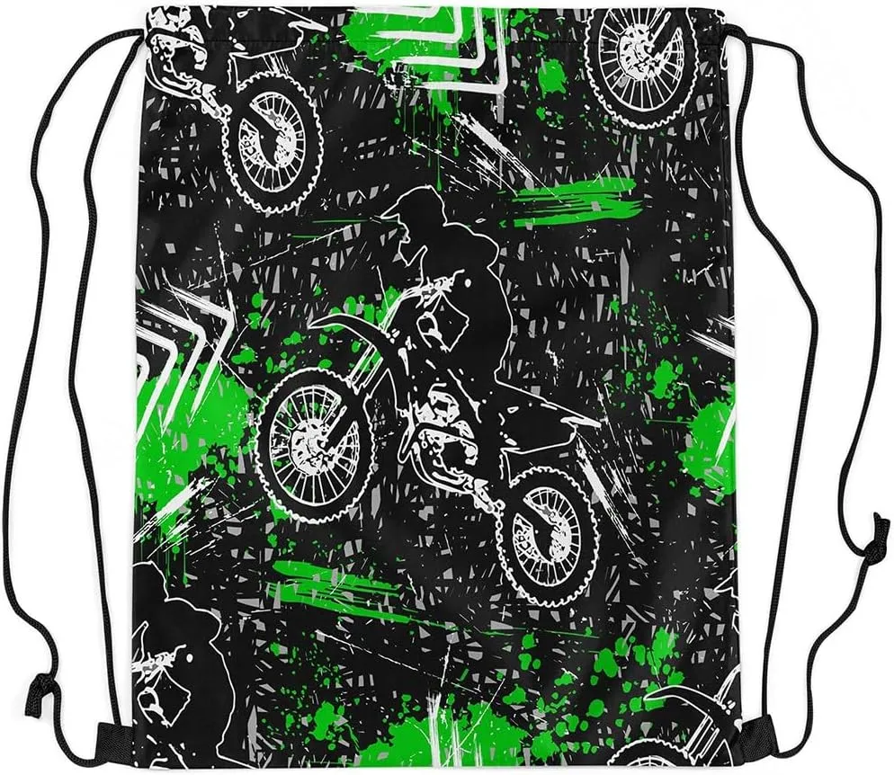 Feelyou Dirt Bike Gym String Bag Extreme Sports Drawstring Backpack Motorcycle Drawstring Bags for Women Men Motorbike Green Black Waterproof Cinch Bag 13"x15.7"