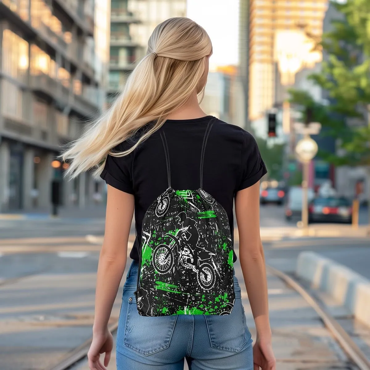 Feelyou Dirt Bike Gym String Bag Extreme Sports Drawstring Backpack Motorcycle Drawstring Bags for Women Men Motorbike Green Black Waterproof Cinch Bag 13"x15.7"