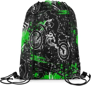Feelyou Dirt Bike Gym String Bag Extreme Sports Drawstring Backpack Motorcycle Drawstring Bags for Women Men Motorbike Green Black Waterproof Cinch Bag 13"x15.7"