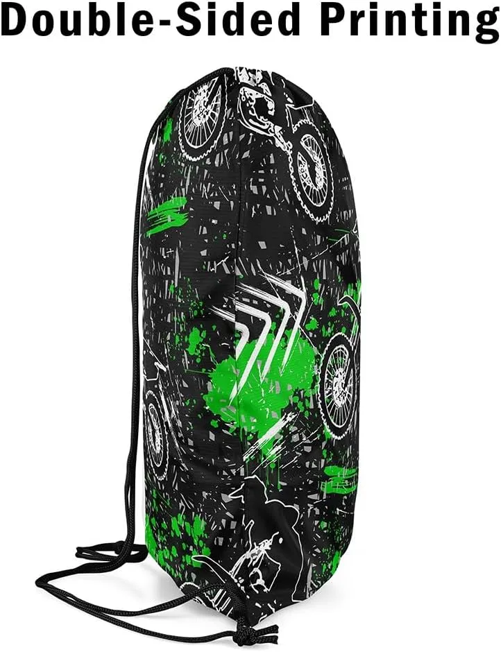 Feelyou Dirt Bike Gym String Bag Extreme Sports Drawstring Backpack Motorcycle Drawstring Bags for Women Men Motorbike Green Black Waterproof Cinch Bag 13"x15.7"