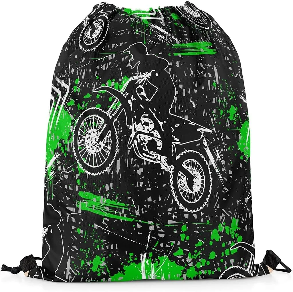 Feelyou Dirt Bike Gym String Bag Extreme Sports Drawstring Backpack Motorcycle Drawstring Bags for Women Men Motorbike Green Black Waterproof Cinch Bag 13"x15.7"
