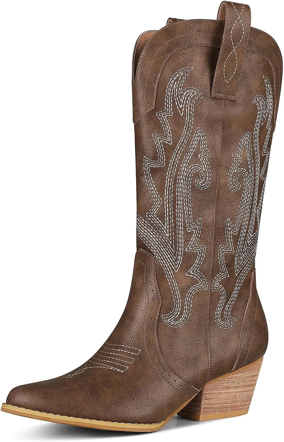 femflame Womens Cowboy Boots for Women Pointed Toe Chunky Heel Mid Calf Cowgirl Boot Embroidered Western Boots
