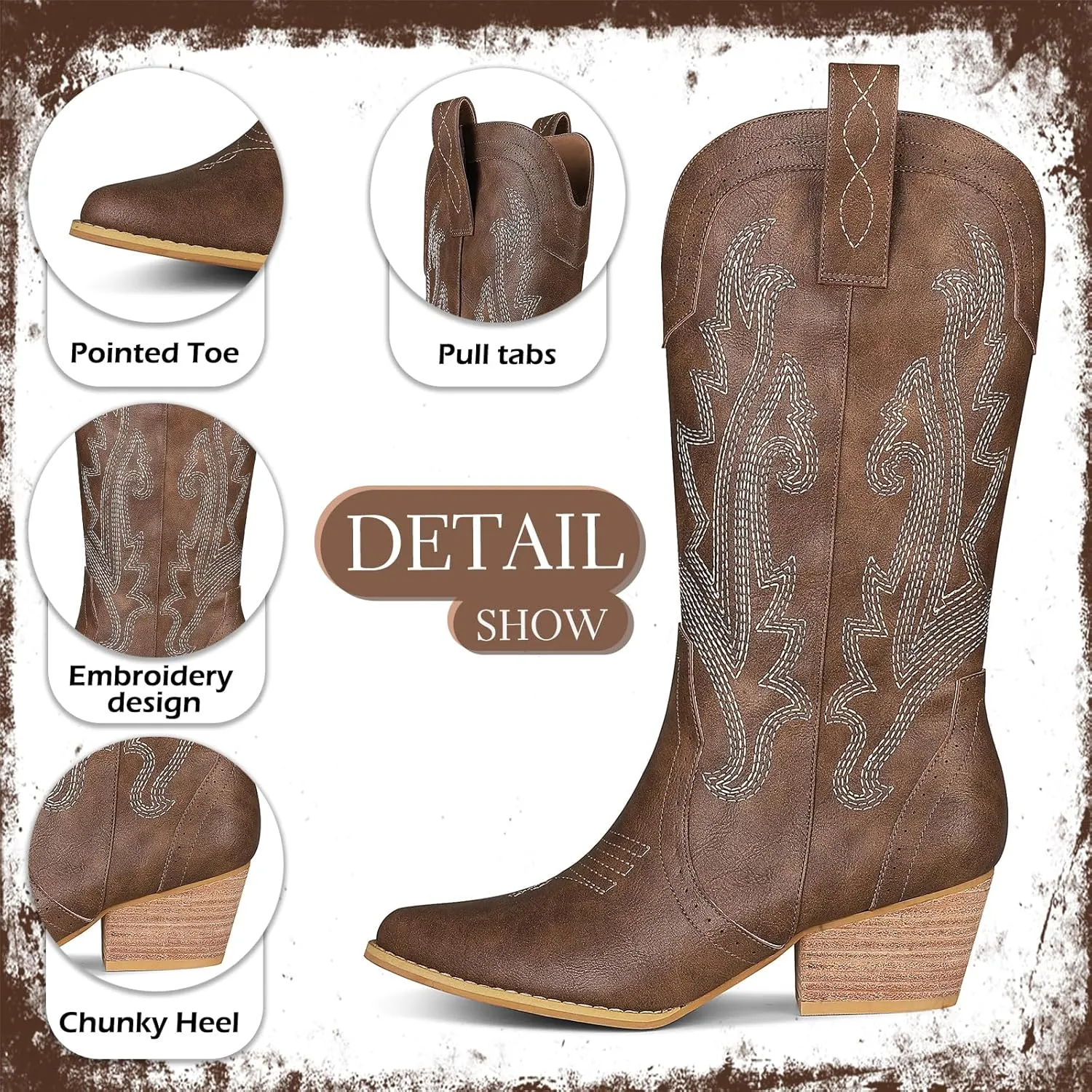 femflame Womens Cowboy Boots for Women Pointed Toe Chunky Heel Mid Calf Cowgirl Boot Embroidered Western Boots