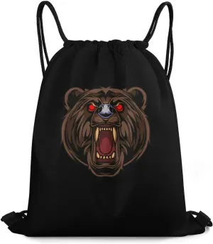 Fiercely Bear Head Lightweight Drawstring Backpack Sports Gym Bag Large Drawstring Bag Shopping Pouch