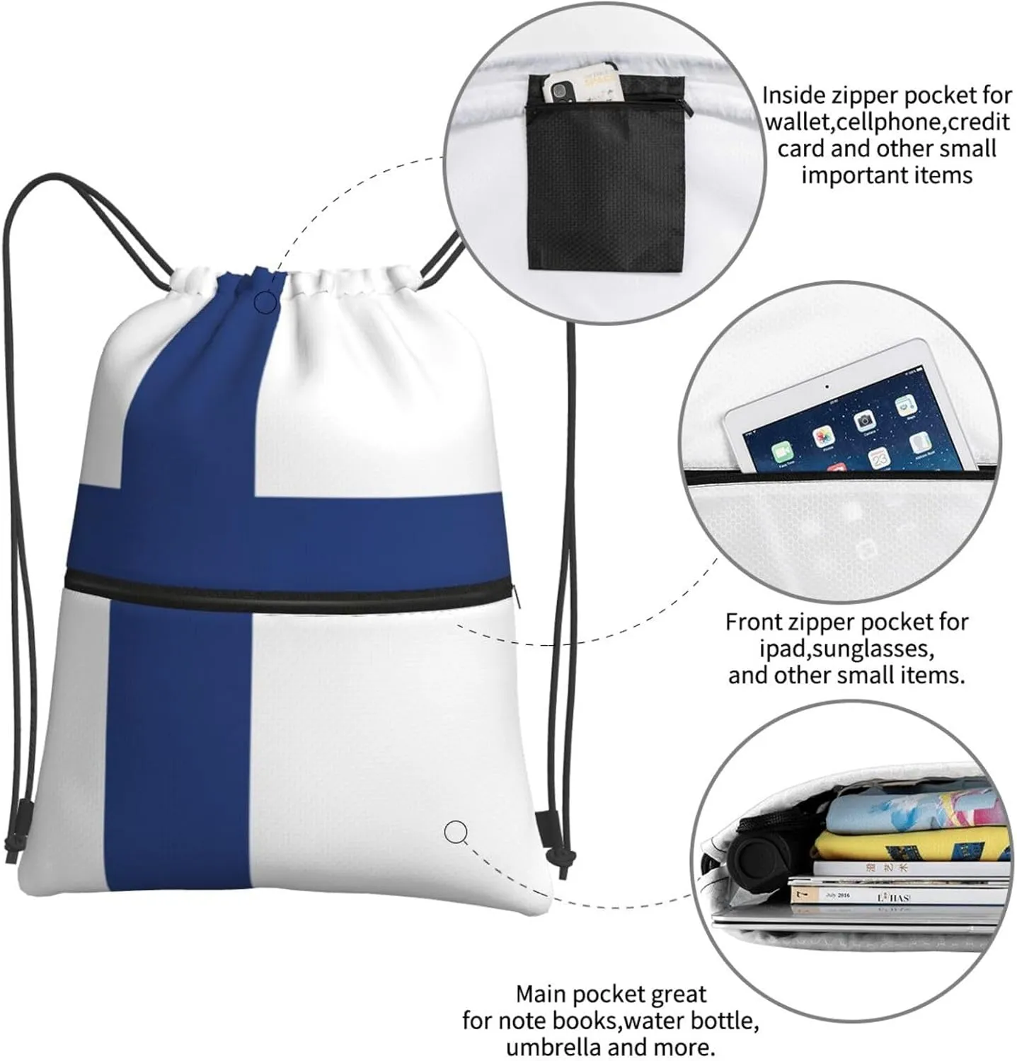 Finnish Flag Drawstring Gym Bag Sports String Backpack For Beach Picnic, Family Outing