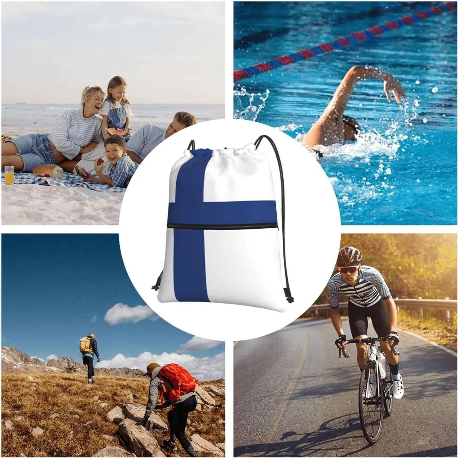 Finnish Flag Drawstring Gym Bag Sports String Backpack For Beach Picnic, Family Outing