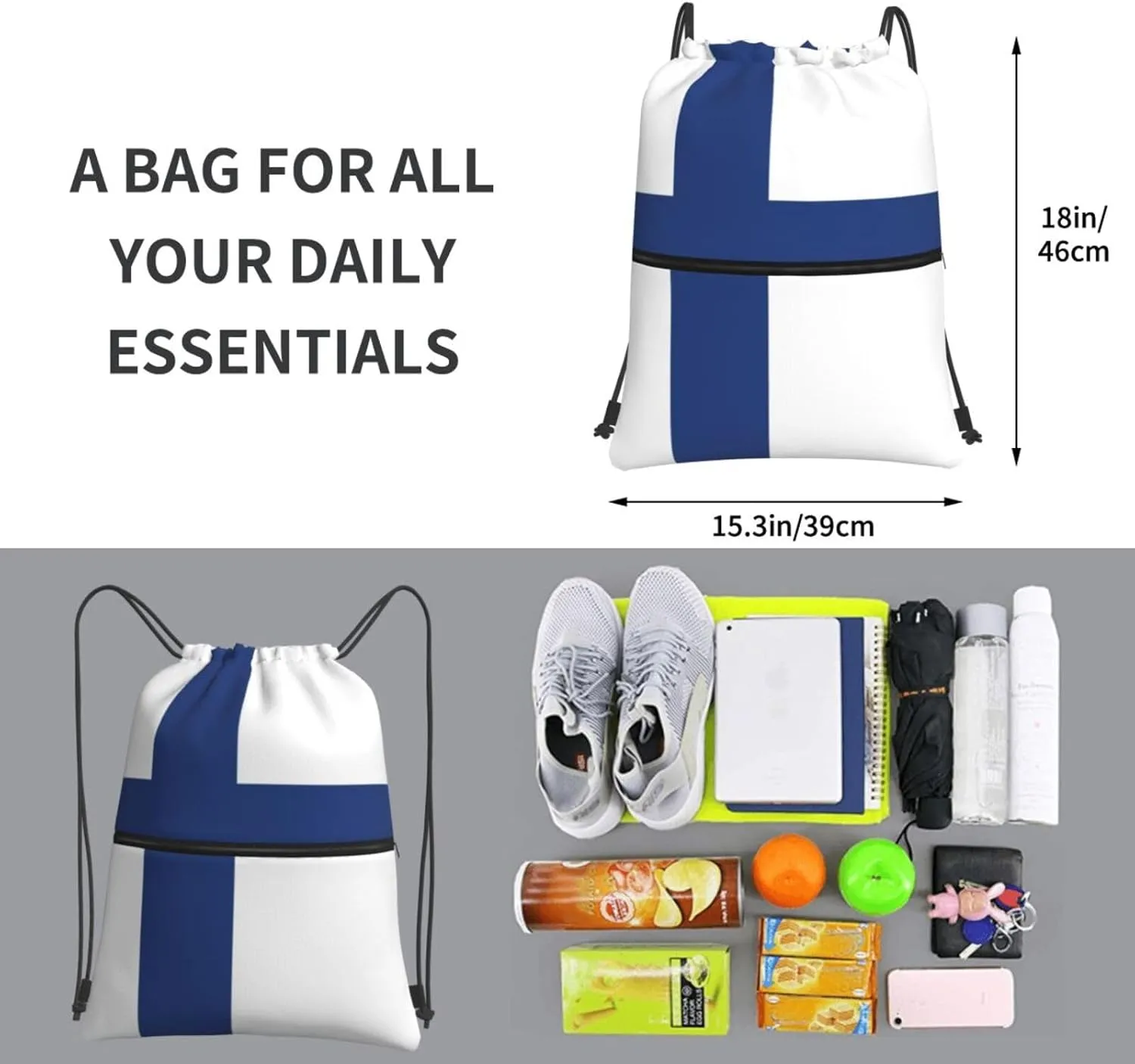 Finnish Flag Drawstring Gym Bag Sports String Backpack For Beach Picnic, Family Outing