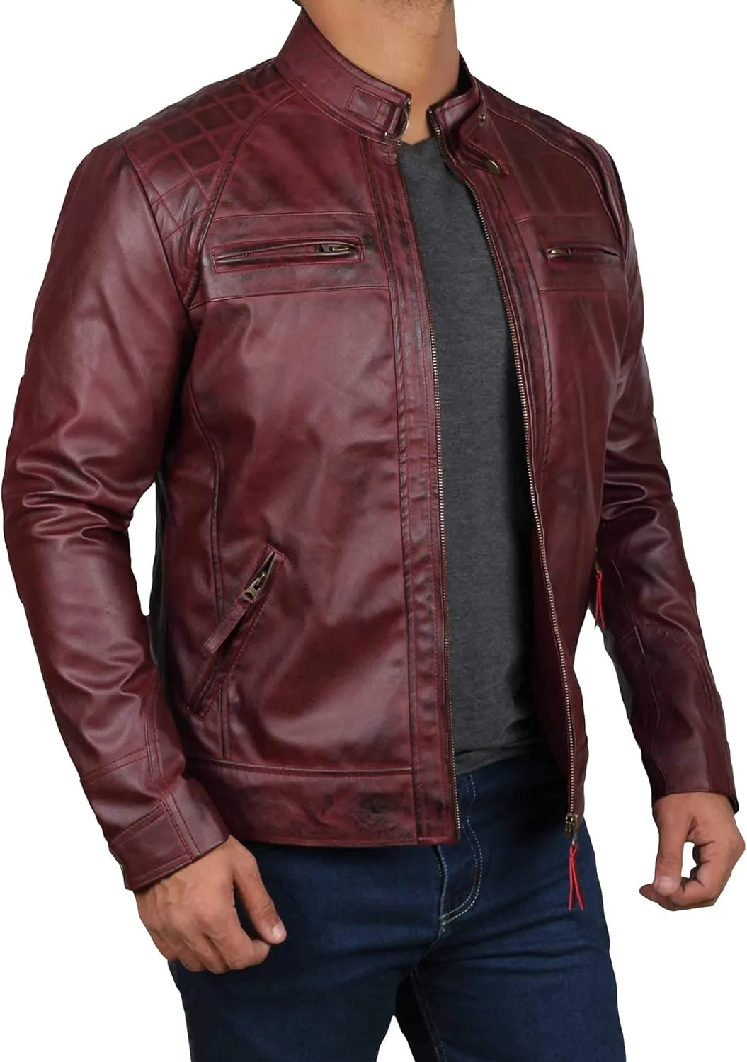 fjackets Real Lambskin Mens Leather Jackets - Quilted Cafe Racer Zip Up Moto Style Leather Jacket Men