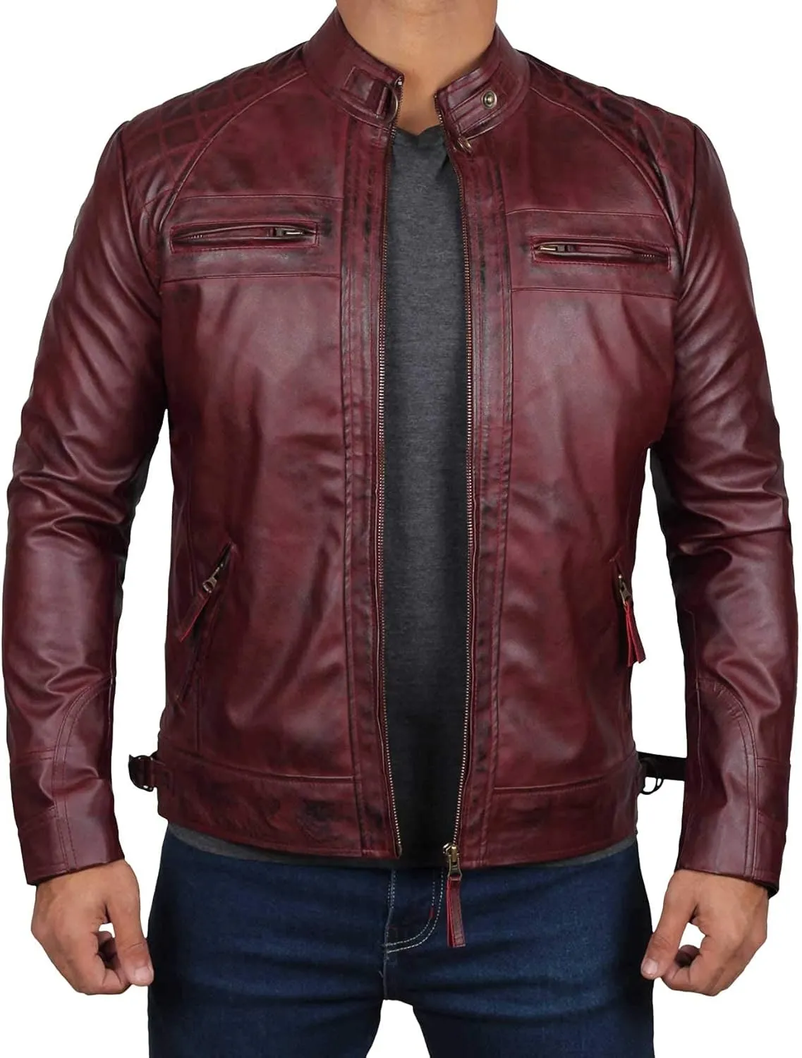 fjackets Real Lambskin Mens Leather Jackets - Quilted Cafe Racer Zip Up Moto Style Leather Jacket Men