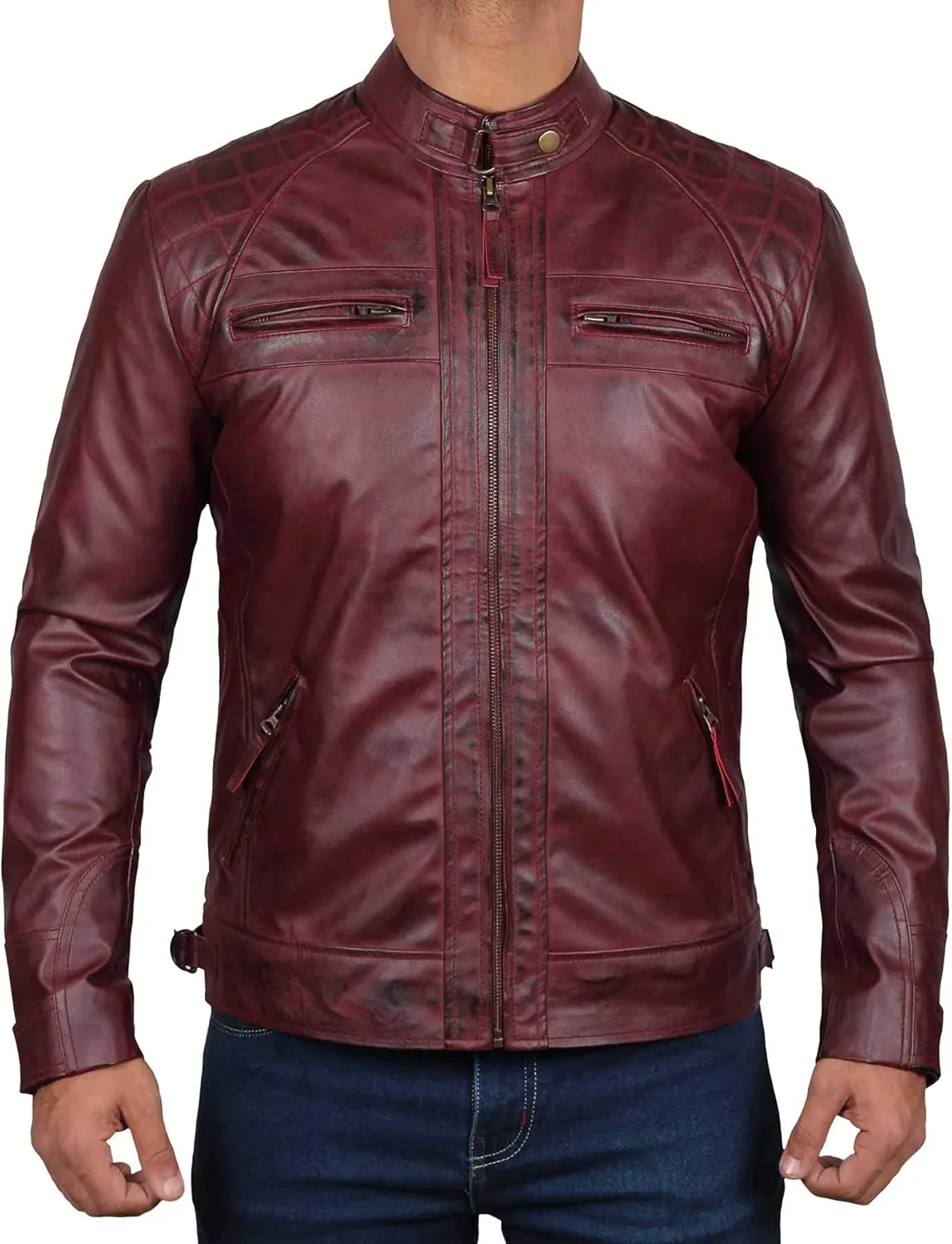 fjackets Real Lambskin Mens Leather Jackets - Quilted Cafe Racer Zip Up Moto Style Leather Jacket Men