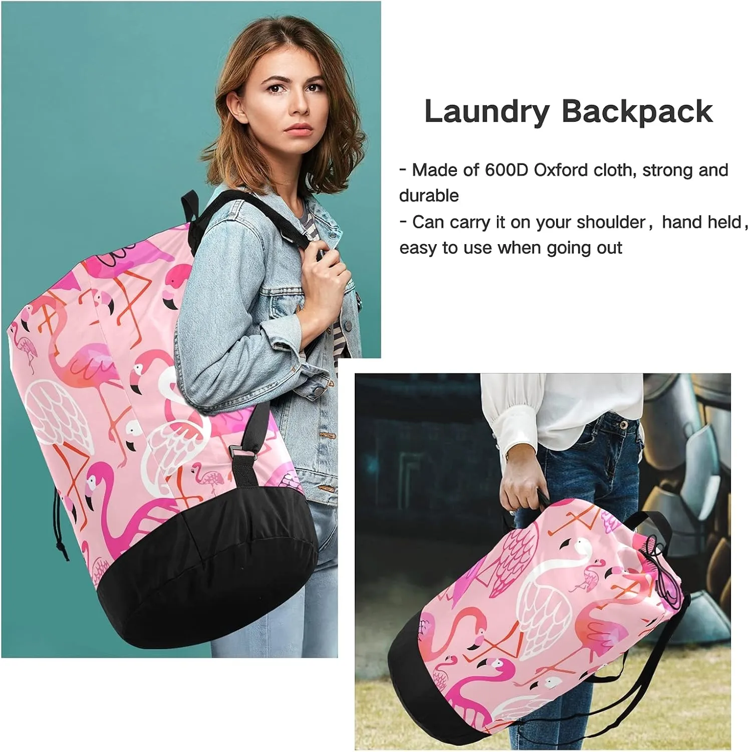 Flamingo Laundry Bag Large Heavy Duty Laundry Backpack with Adjustable Shoulder Straps Laundry backpack for Traveling Dirty Clothes Organizer for College Students Waterproof