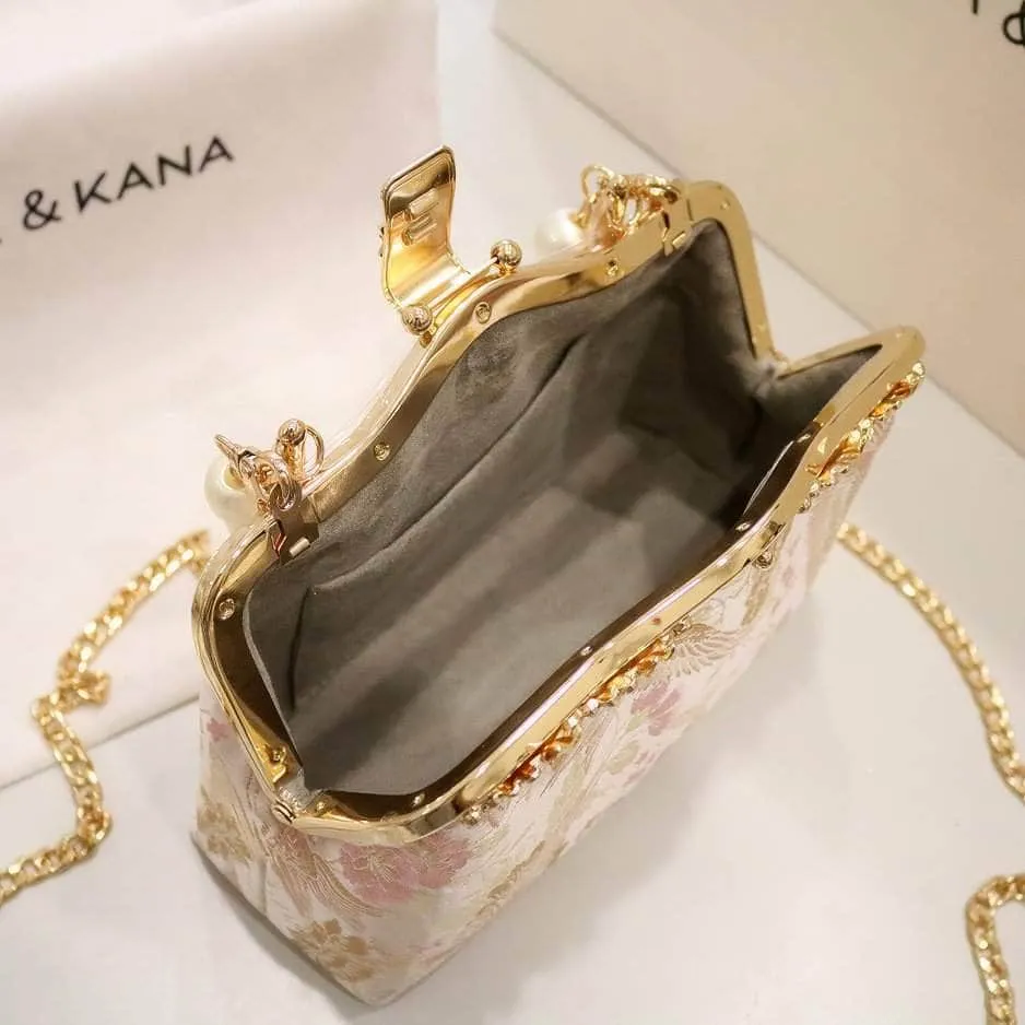 Floral Embroidered Pearl Deco Top Handle Purse
