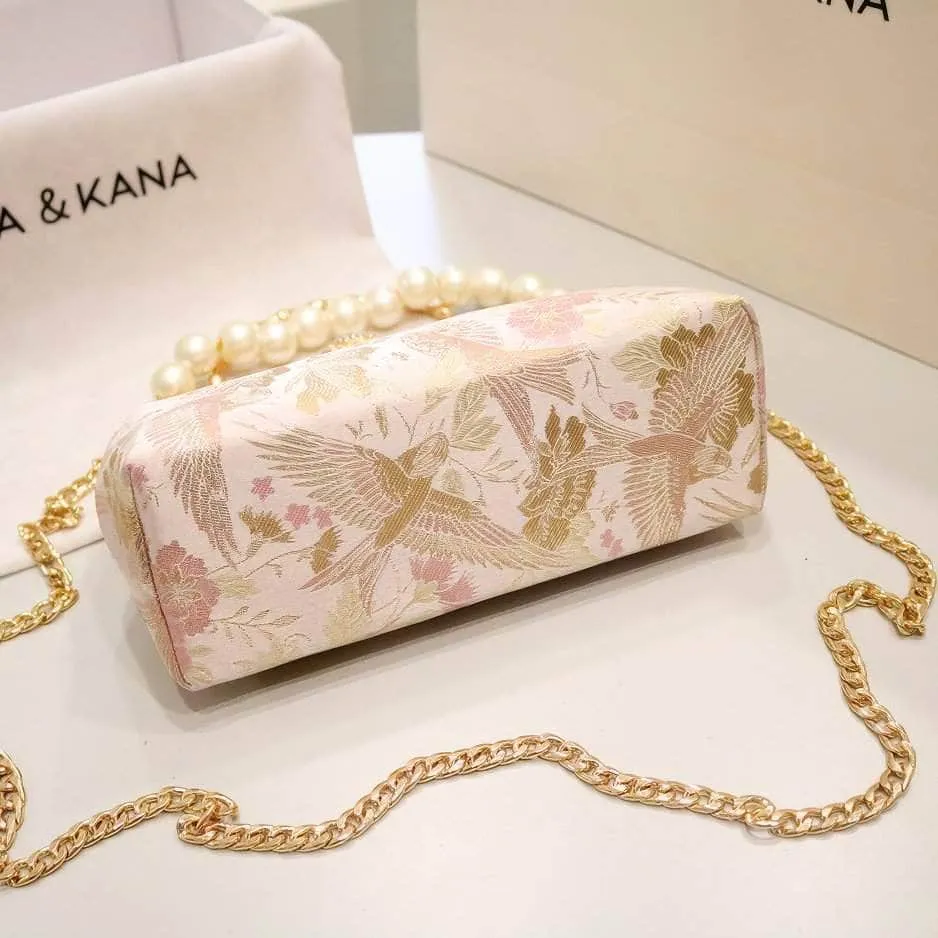 Floral Embroidered Pearl Deco Top Handle Purse