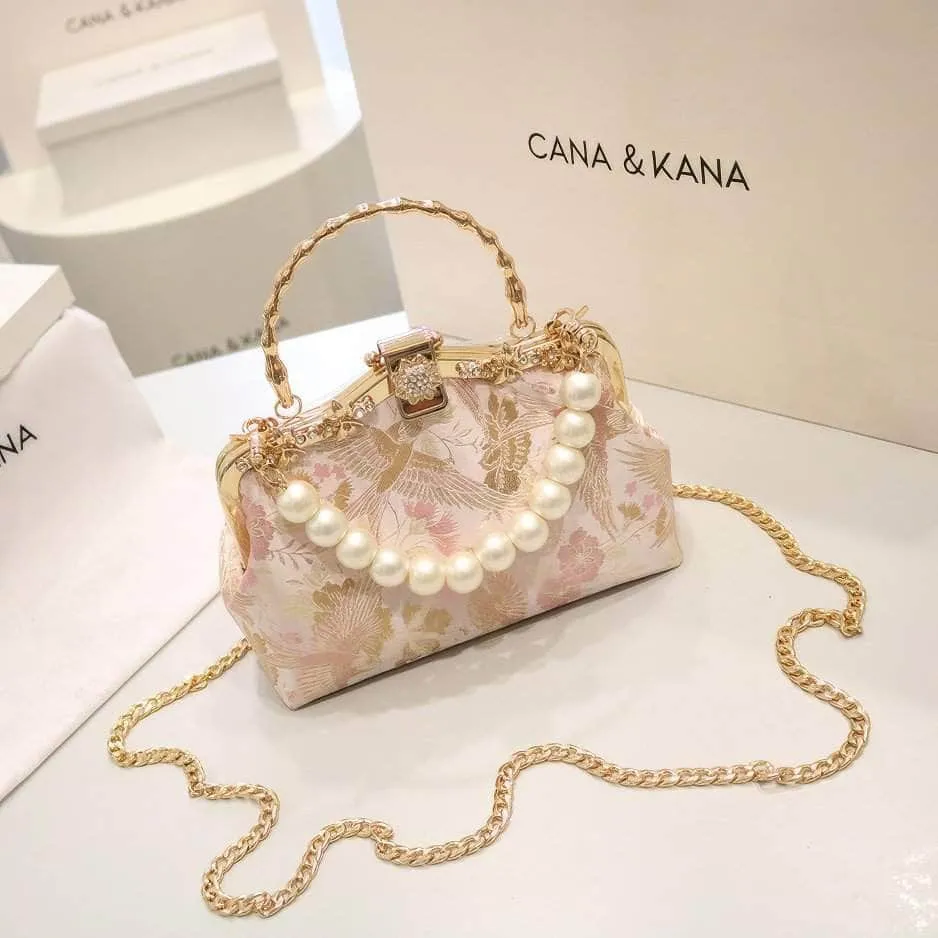 Floral Embroidered Pearl Deco Top Handle Purse