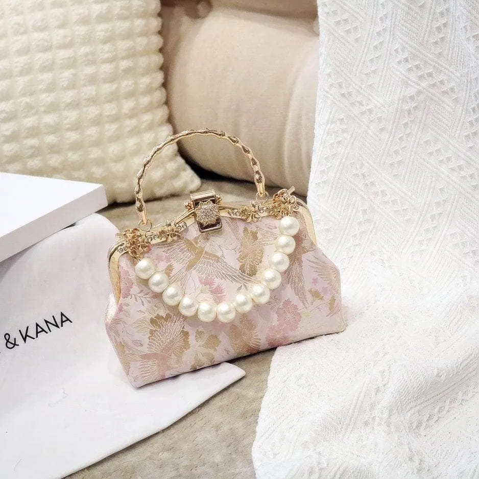 Floral Embroidered Pearl Deco Top Handle Purse