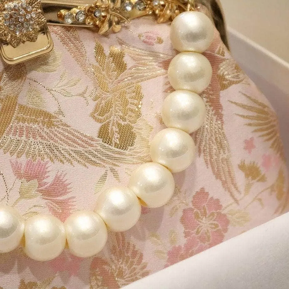 Floral Embroidered Pearl Deco Top Handle Purse