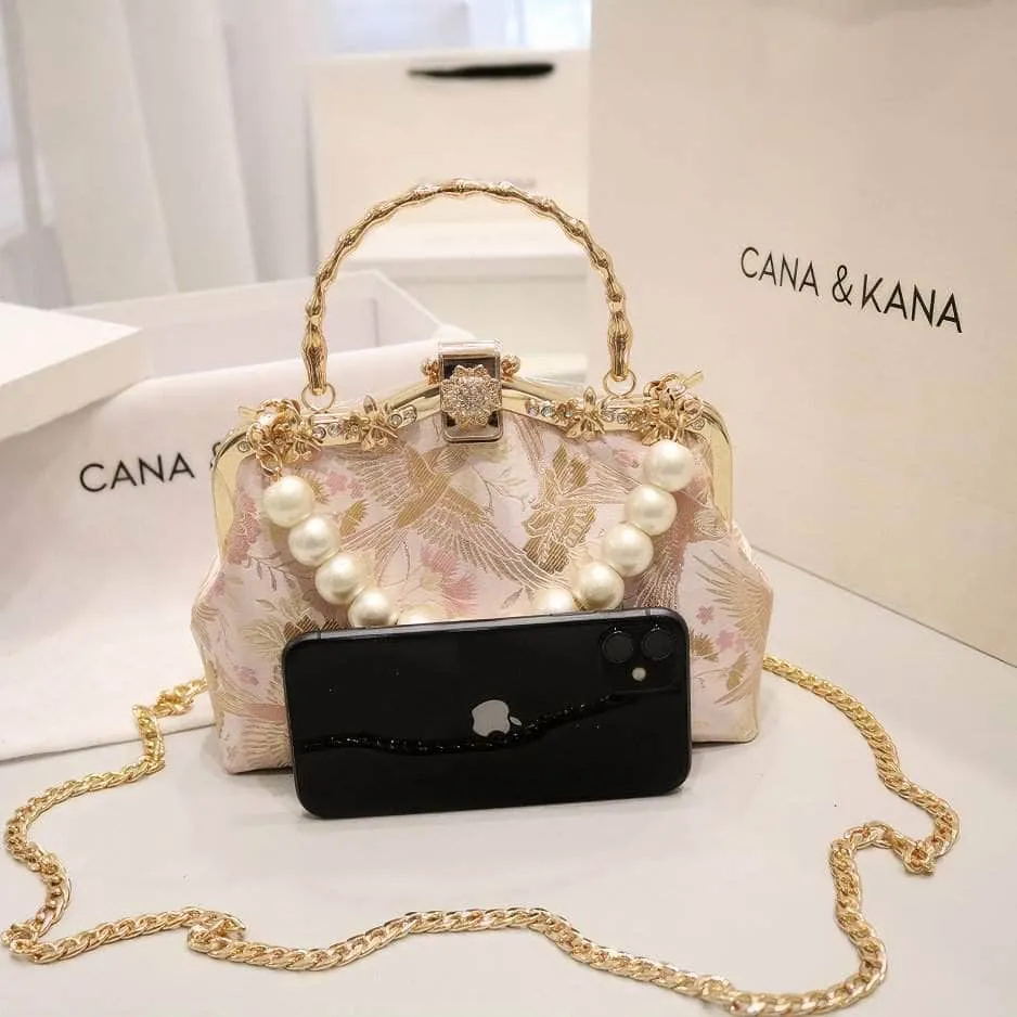 Floral Embroidered Pearl Deco Top Handle Purse