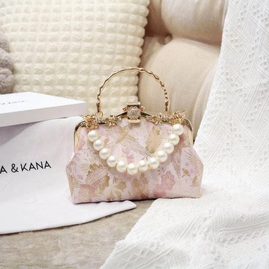 Floral Embroidered Pearl Deco Top Handle Purse