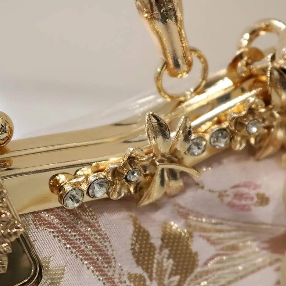 Floral Embroidered Pearl Deco Top Handle Purse