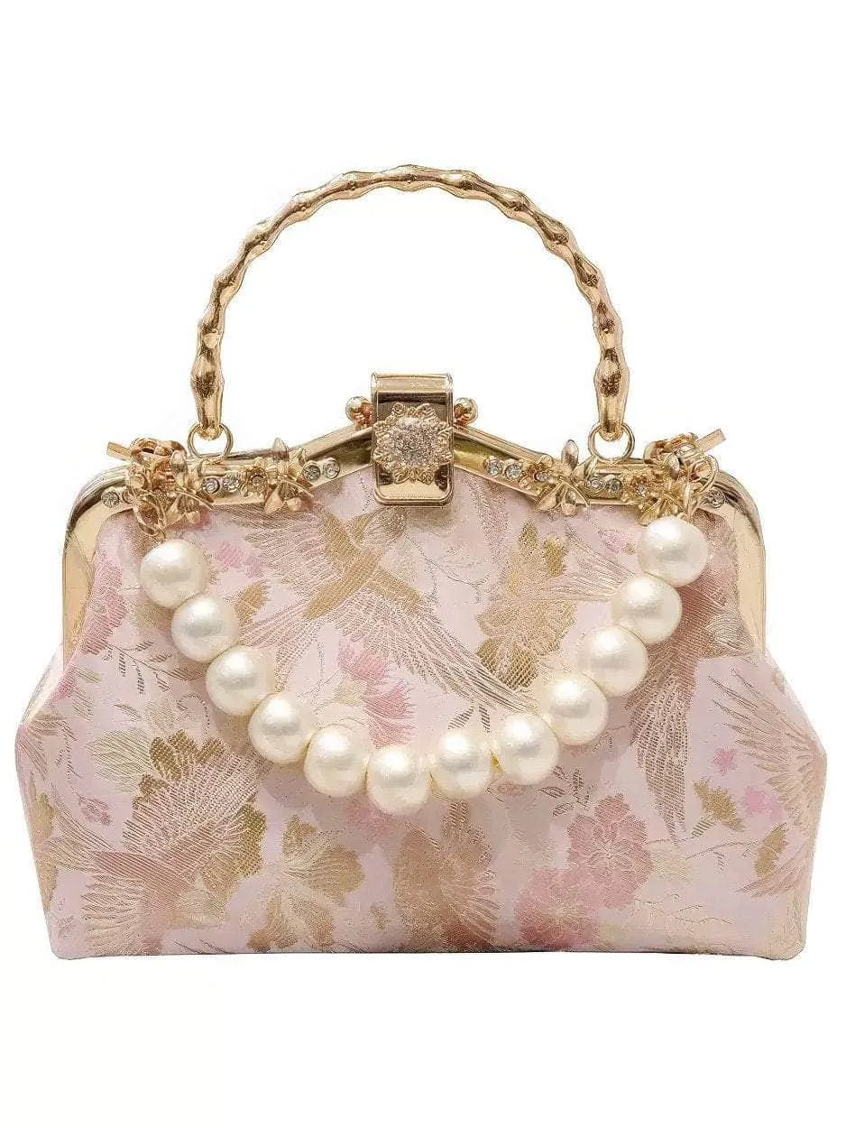 Floral Embroidered Pearl Deco Top Handle Purse