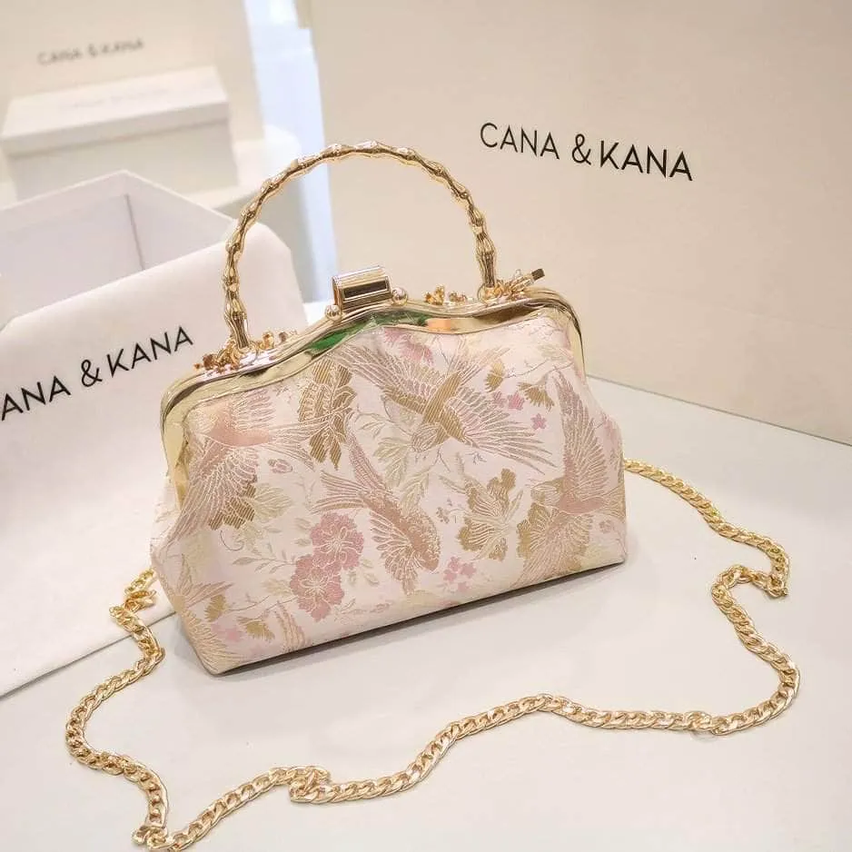 Floral Embroidered Pearl Deco Top Handle Purse