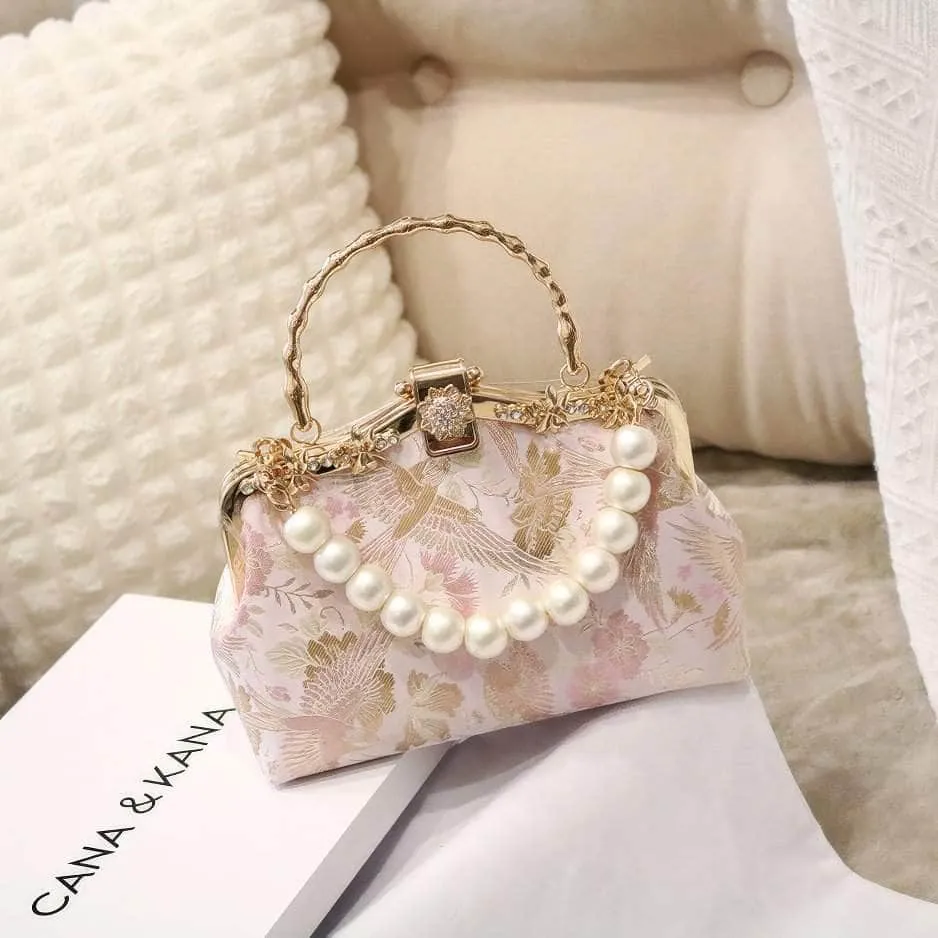 Floral Embroidered Pearl Deco Top Handle Purse