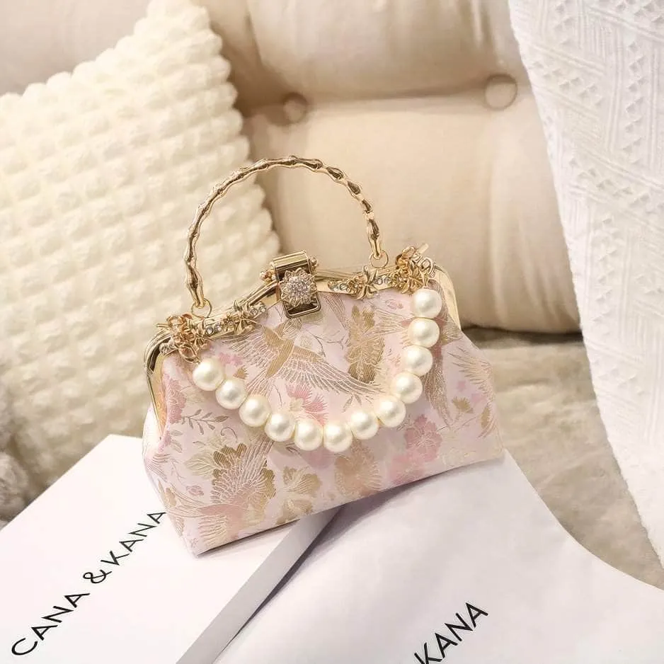 Floral Embroidered Pearl Deco Top Handle Purse
