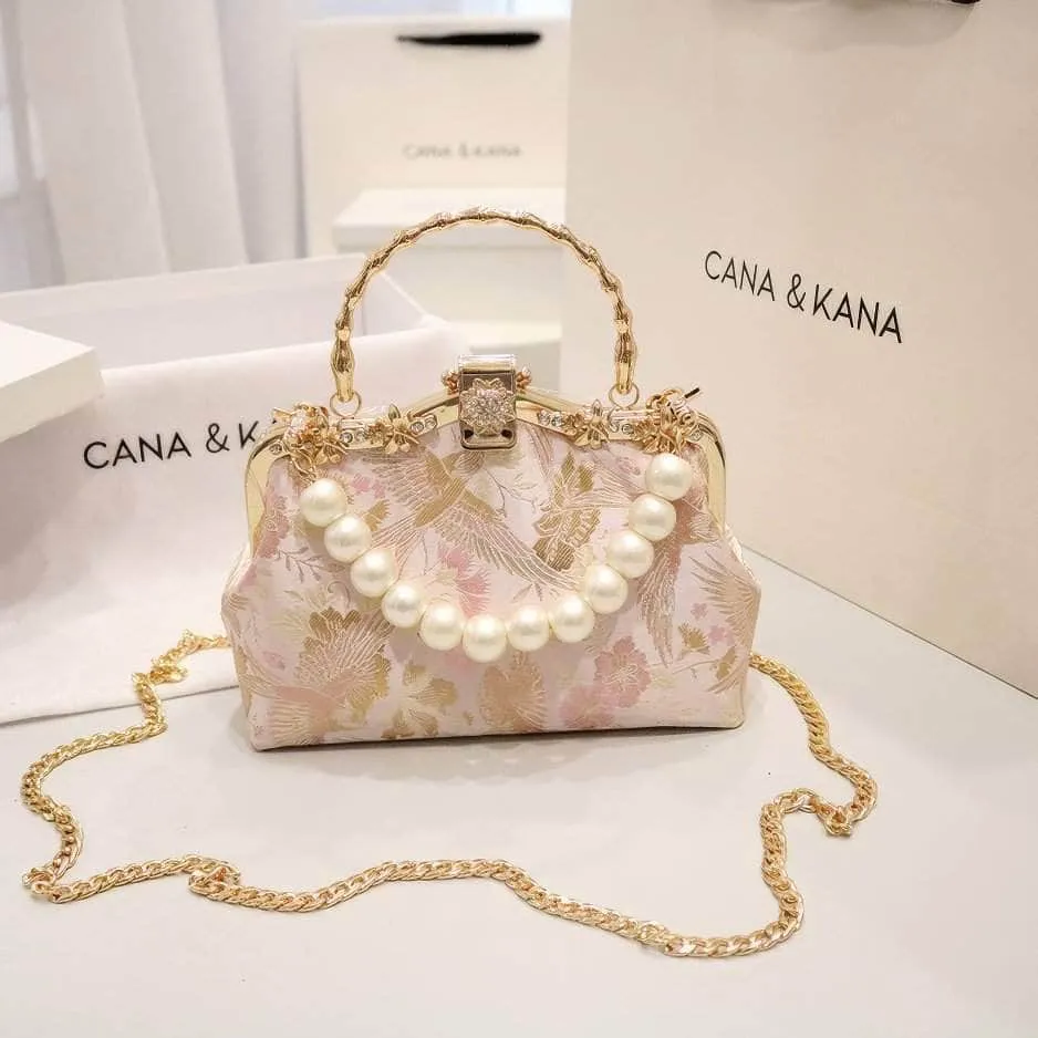 Floral Embroidered Pearl Deco Top Handle Purse