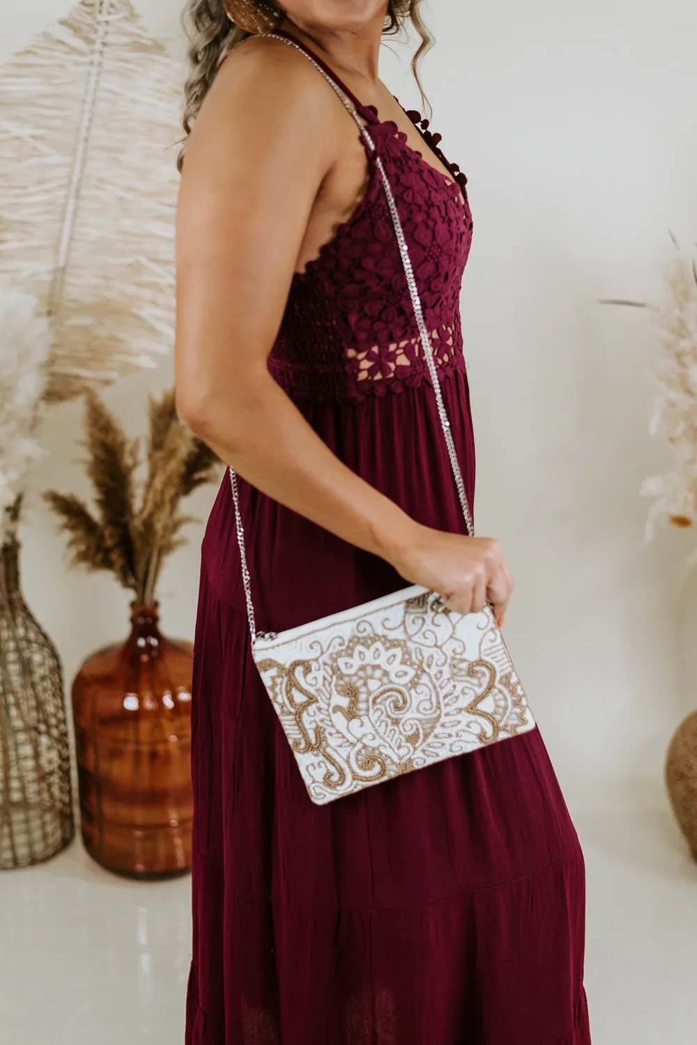 Floral Embroidery Clutch, White