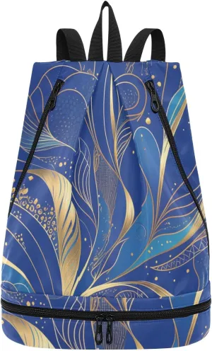 fluid line pattern gold blue Drawstring athletic bag trendy womens gym bag with Wet Dry Compartments
