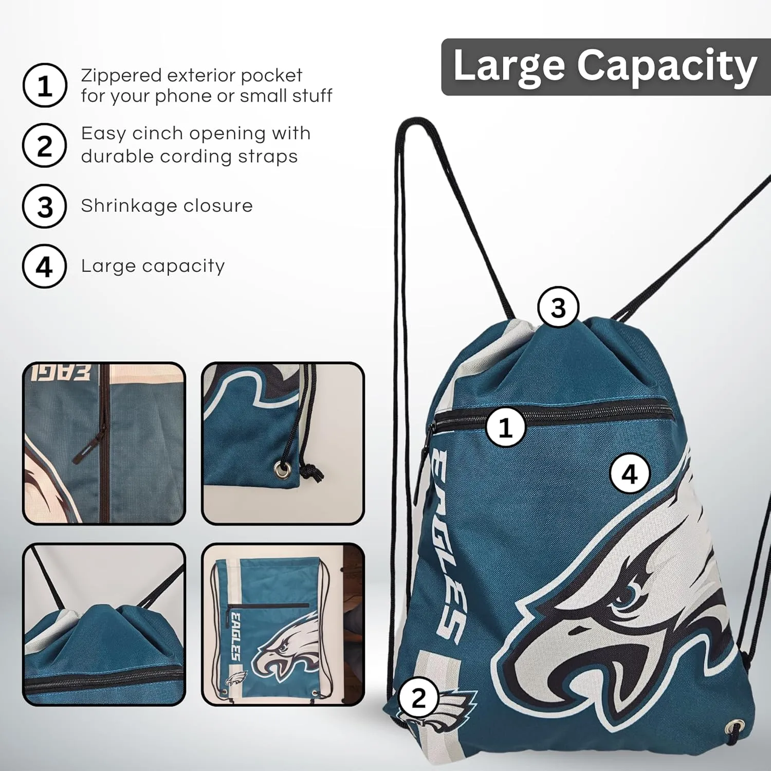 FOCO Philadelphia Eagles Big Logo Drawstring Backpack with Zippered Pocket – Limited Edition Eagles Bag – NFL Gear for the NFC East – Officially Licensed Philadelphia Eagles Fan Gear
