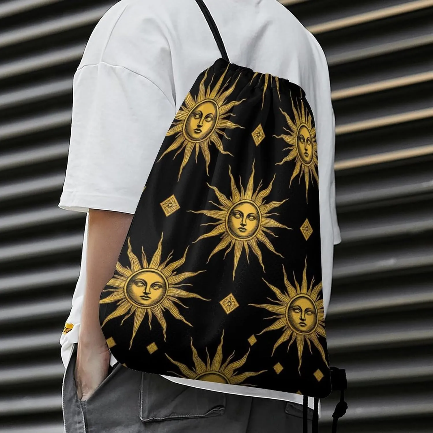 Foldable Drawstring Backpack Bag, Casual Sports Gym Bags Sackpack Bags with Strap, Large Capacity Handbag Shoulder Bag -Sun Moon Star Gold Black