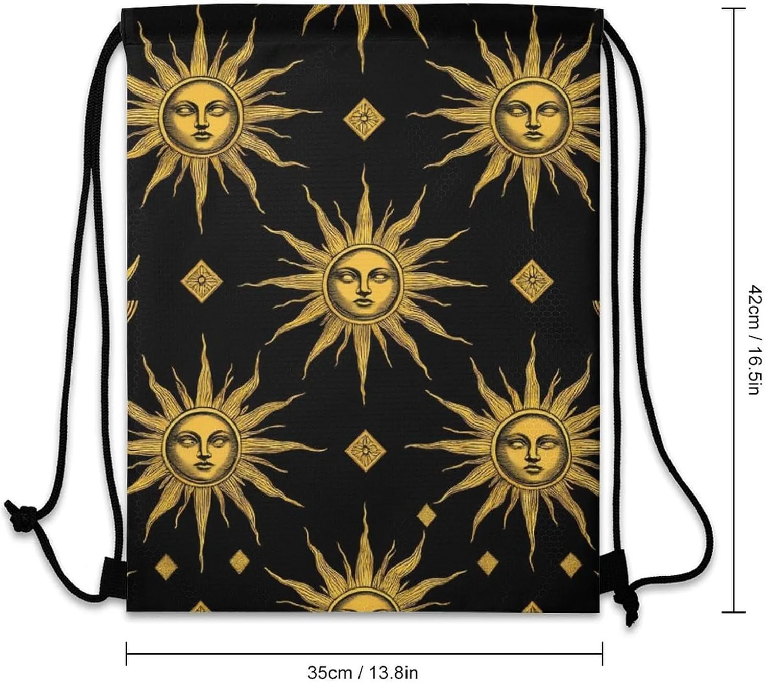 Foldable Drawstring Backpack Bag, Casual Sports Gym Bags Sackpack Bags with Strap, Large Capacity Handbag Shoulder Bag -Sun Moon Star Gold Black