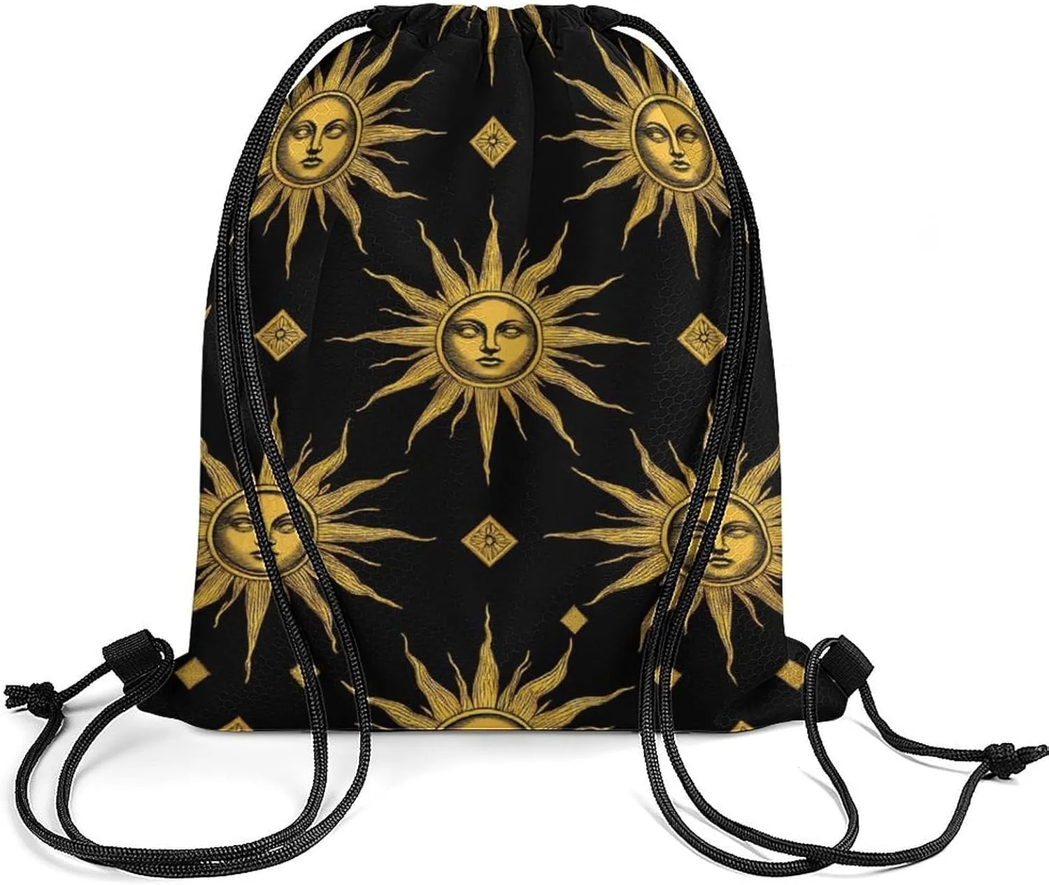 Foldable Drawstring Backpack Bag, Casual Sports Gym Bags Sackpack Bags with Strap, Large Capacity Handbag Shoulder Bag -Sun Moon Star Gold Black