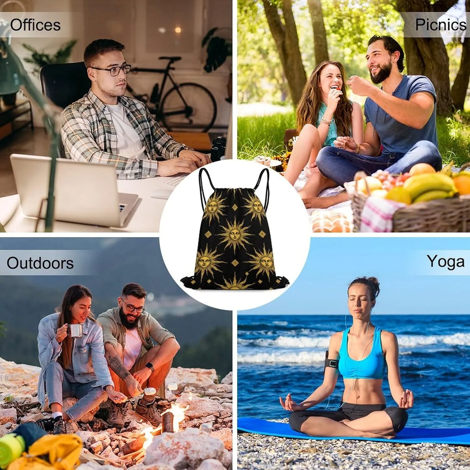 Foldable Drawstring Backpack Bag, Casual Sports Gym Bags Sackpack Bags with Strap, Large Capacity Handbag Shoulder Bag -Sun Moon Star Gold Black
