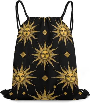 Foldable Drawstring Backpack Bag, Casual Sports Gym Bags Sackpack Bags with Strap, Large Capacity Handbag Shoulder Bag -Sun Moon Star Gold Black