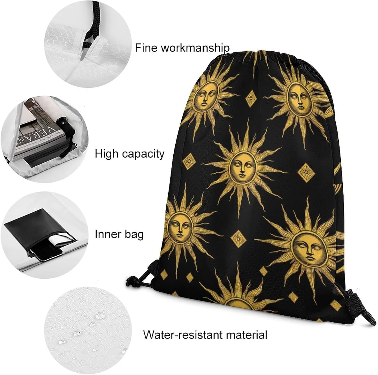 Foldable Drawstring Backpack Bag, Casual Sports Gym Bags Sackpack Bags with Strap, Large Capacity Handbag Shoulder Bag -Sun Moon Star Gold Black