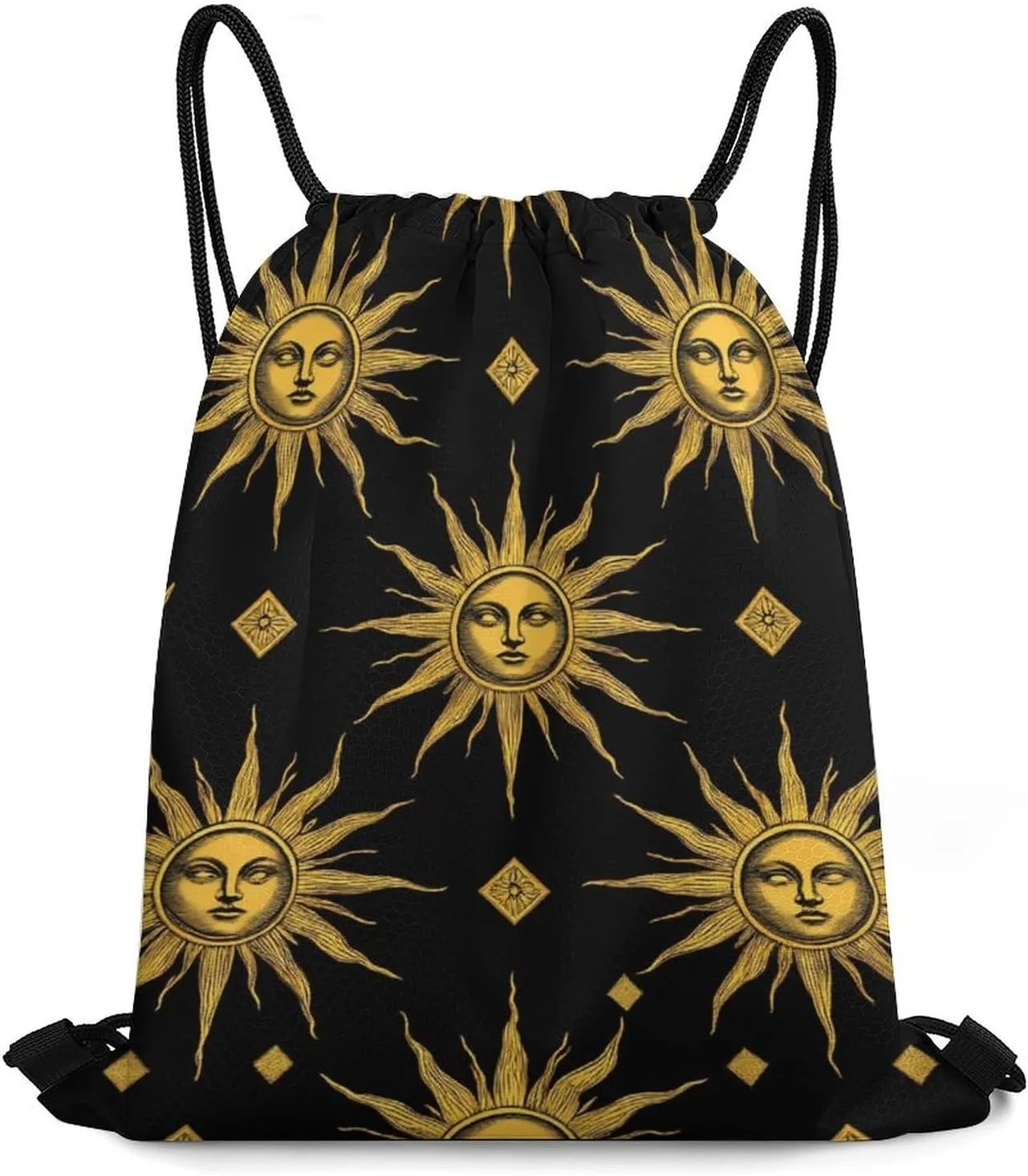 Foldable Drawstring Backpack Bag, Casual Sports Gym Bags Sackpack Bags with Strap, Large Capacity Handbag Shoulder Bag -Sun Moon Star Gold Black