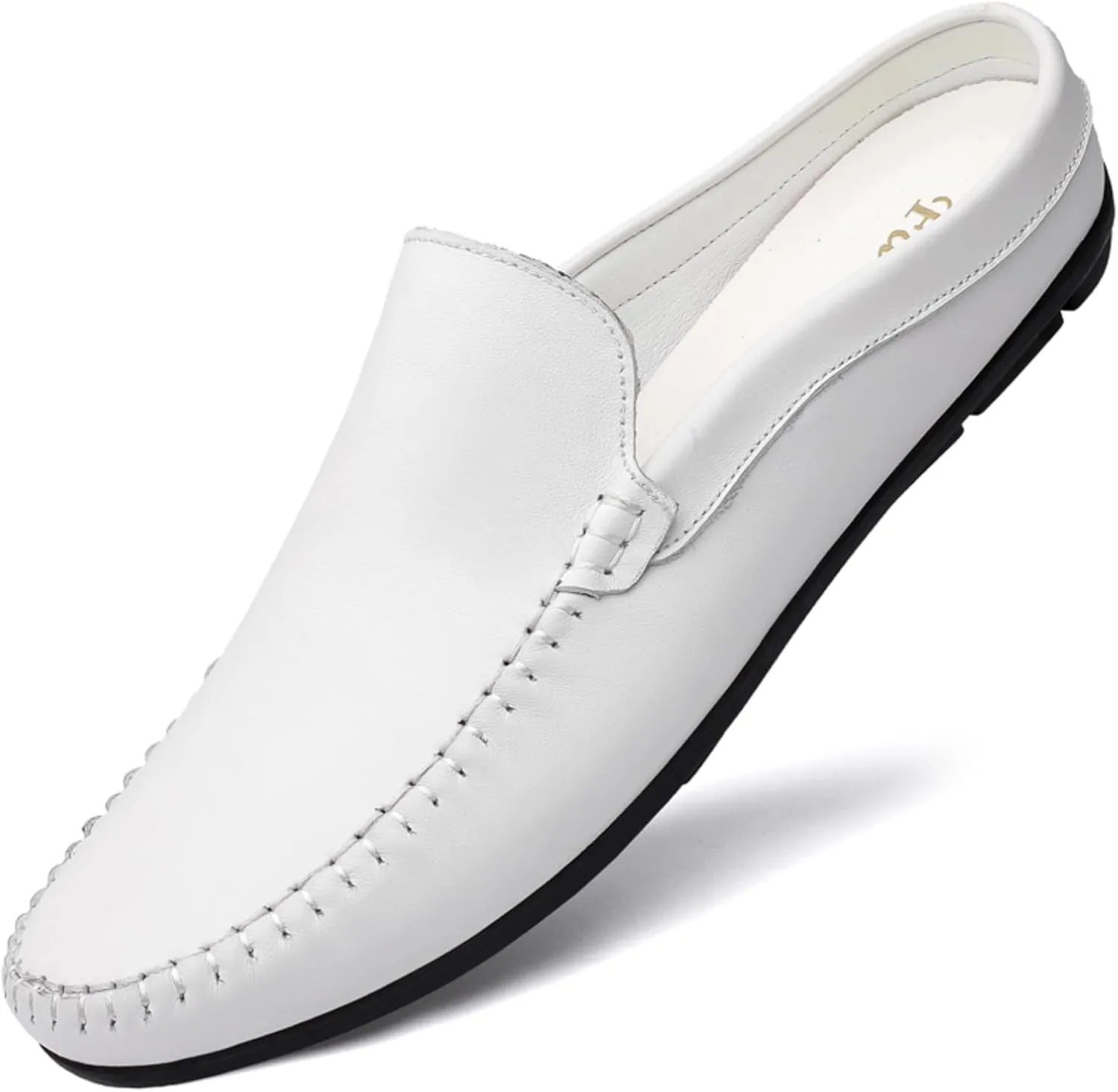 FOTN Kelibasi Mens Handmade Leather Slip-On Mules Comfortable Soft Backless Slippers Summer Casual Walking Driving Sandals Half Loafers (White,10)