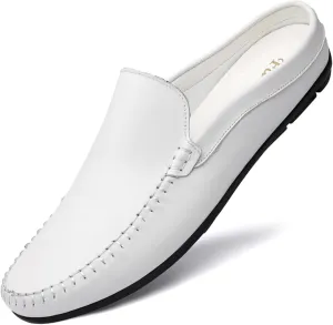 FOTN Kelibasi Mens Handmade Leather Slip-On Mules Comfortable Soft Backless Slippers Summer Casual Walking Driving Sandals Half Loafers (White,10)
