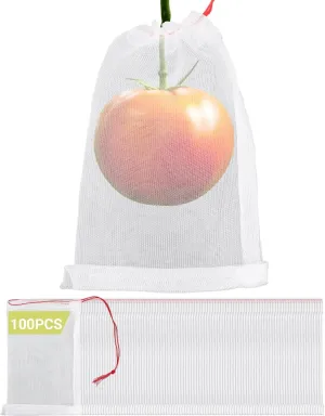 Fruit Protection Bags, 100 Pack 4x6 Inch Garden Netting Pest Barrier, Bug Net Tiny Mesh Bags Drawstring Bird Netting for Garden Plant Seed Fruit Flower Vegetable, Reusable Garden Mesh Netting