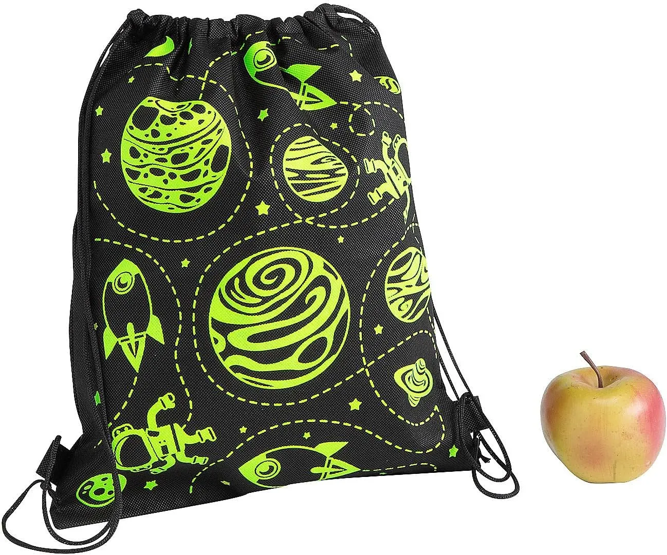 Fun Express Glow-in-the-Dark Space Drawstring Bags 12x15 - GID Medium Backpack, 12 Pieces - Bright, Cosmic-Themed, Perfect for Kids & Teens