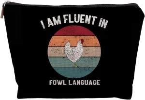 Funny Chicken Gifts Canvas Makeup Bag, Chicken Gifts for Chicken Lovers Women, Chicken Lady Mom Farmer Gifts, I am Fluent in Fowl Language Vintage Chicken Cosmetic Bag for Women