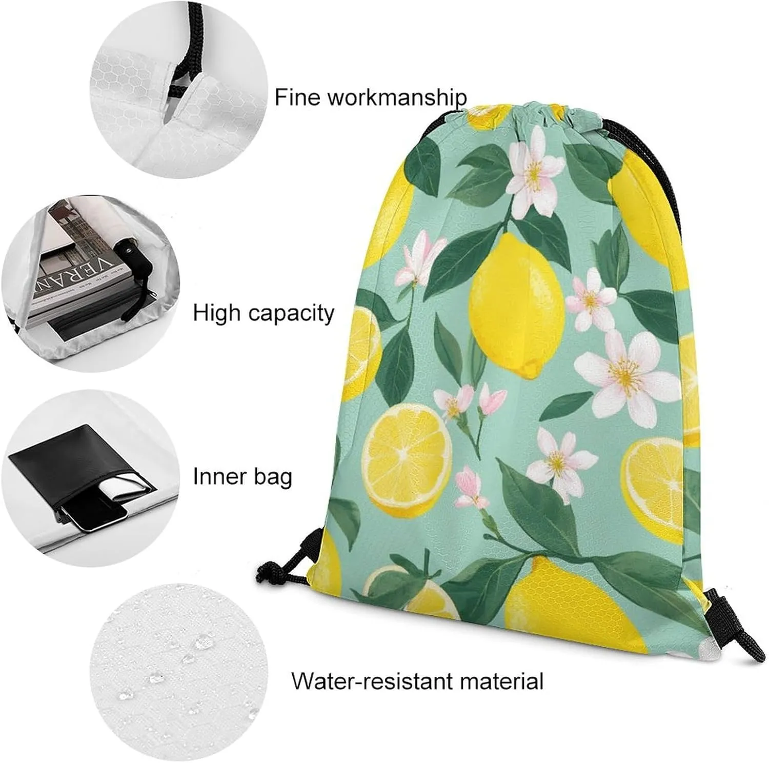 Funny Lemon Tree Leaves Tropical Flowers Floral Shoulder Bag, Adults Durable Lightweight Crossbody Bag, Large Capacity Storage Pouch Drawstring Bags for Travel, Offices