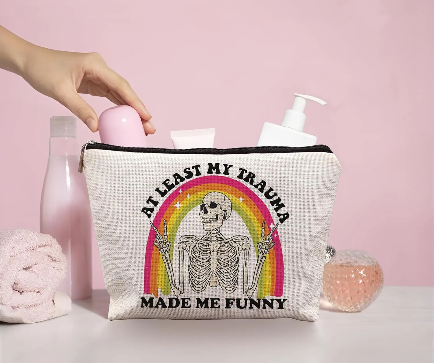 Funny Mental Health Makeup Bag, Mental Health Gifts, at Least My Trauma Made Me Funny Sarcastic Skeleton Meme Cosmetic Bag, Psychology Gifts, Funny Gifts for Women Adult Humor